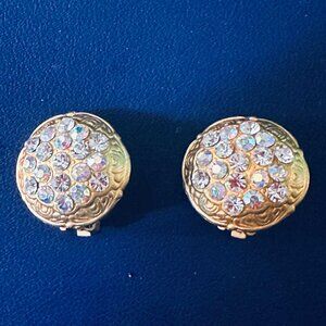 Vintage Old Hollywood Style Rhinestone Button Clip Gold Tone 1980s Earrings